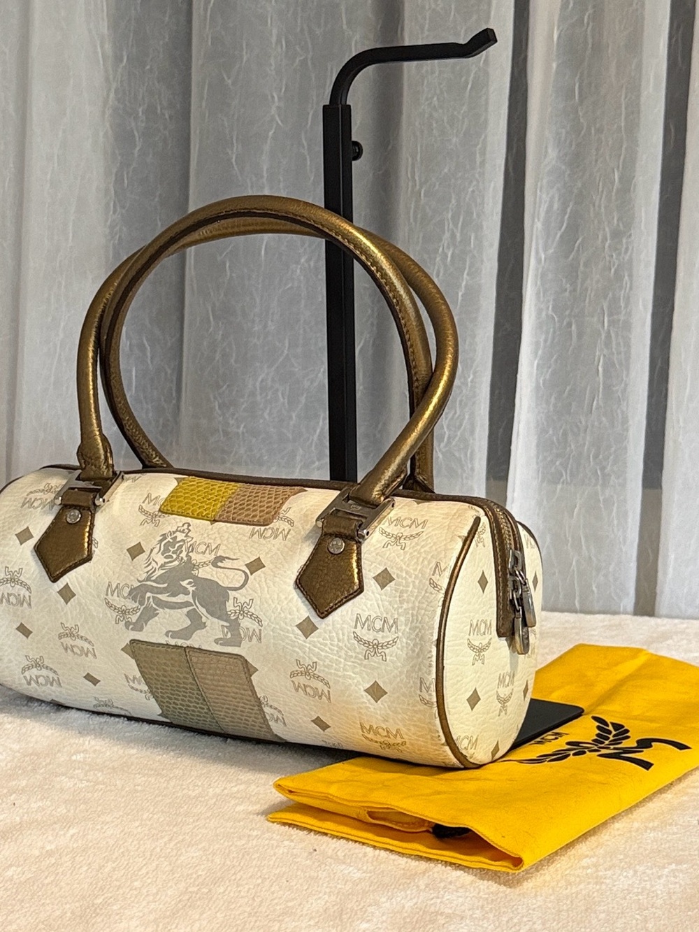 MCM Visetos White Leather Lion Princess Limited Edition Barrel Bag, Gold Handles